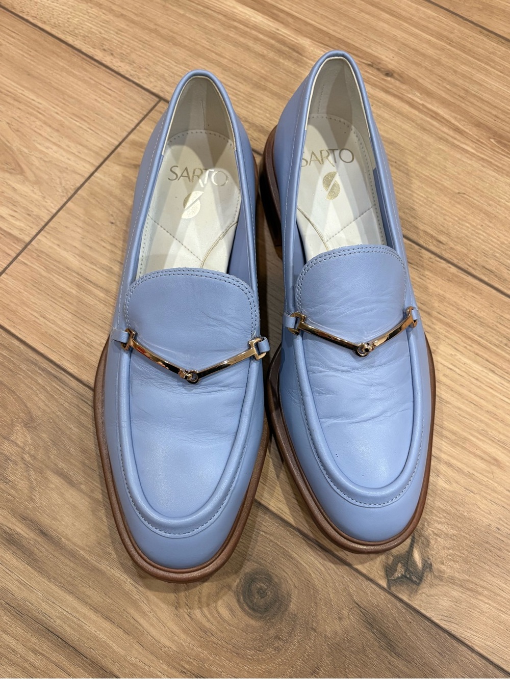Franco Sarto Women's Pale Blue Leather Loafers with Gold Accent